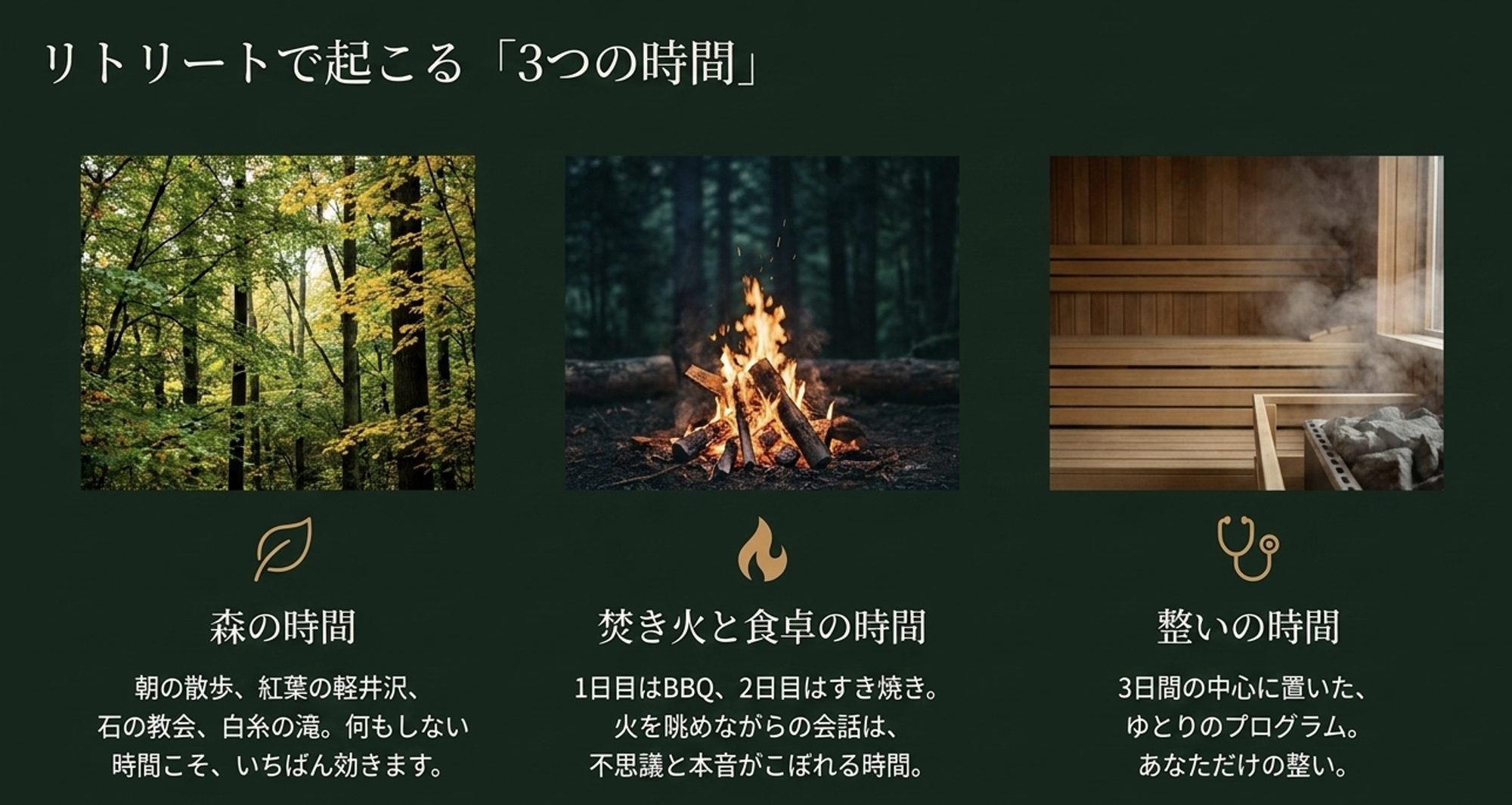 リトリートで起こる「3つの時間」──森の時間、焚き火と食卓の時間、整いの時間。