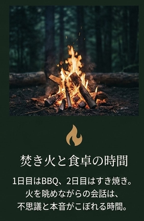 焚き火と食卓の時間──1日目はBBQ、2日目はすき焼き。